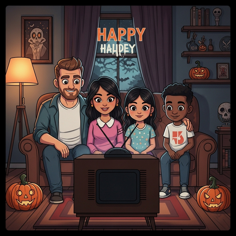 Eerie Halloween Family Scene Watching Vintage TV