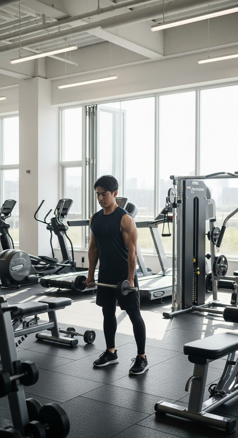 Dedicated Asian Man Working Out in Gym | Fresh Air & Activity