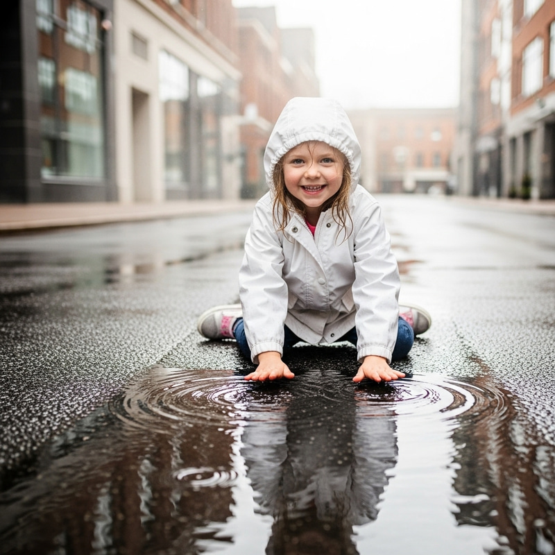 Joyful Girl in White Raincoat Sitting in Puddle Joyful Girl in White Raincoat Sitting in Puddle