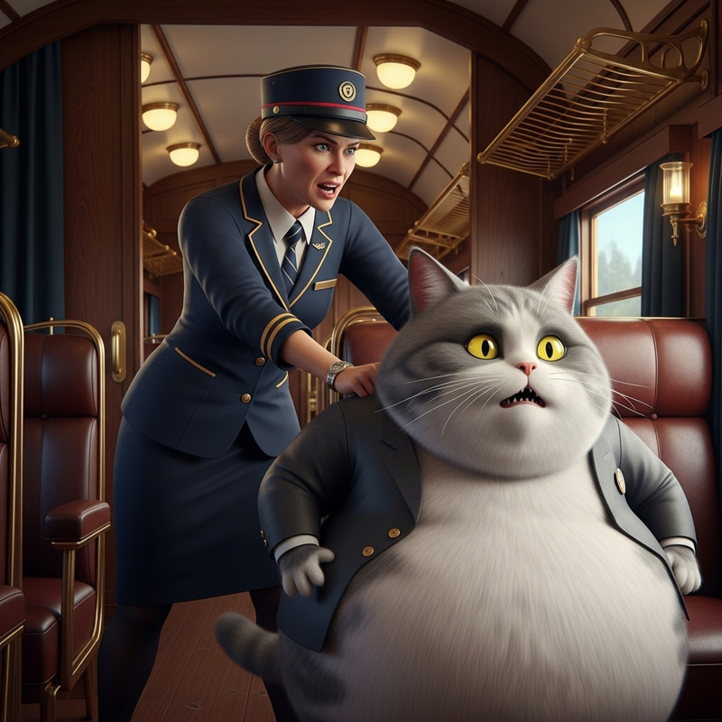Female Conductor Pushing Giant Man-Cat Out of Train Female Conductor Pushing Giant Man-Cat Out of Train