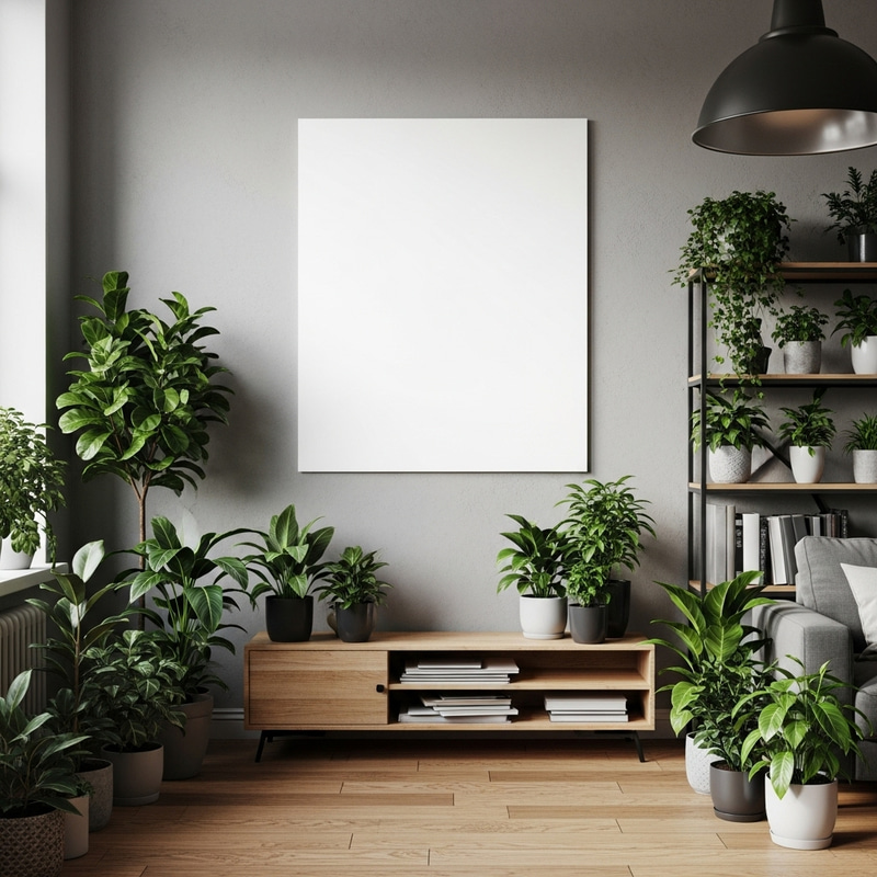 Industrial Living Room with Lush Houseplants and Minimalist White Poster Industrial Living Room with Lush Houseplants and Minimalist White Poster