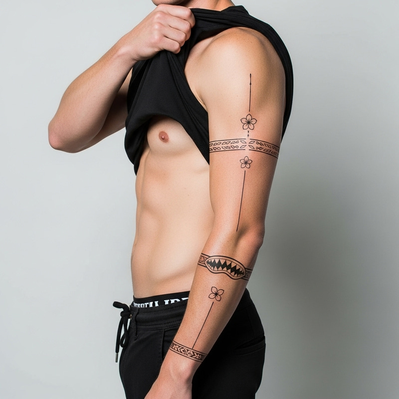 Male Tribal Sleeve Tattoo Design with Small Flower Motifs and Sharktooth Male Tribal Sleeve Tattoo Design with Small Flower Motifs and Sharktooth