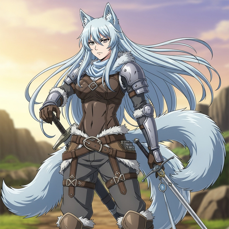 Luminous Light Blue-Haired Anime Wolf Woman | Two Tails Luminous Light Blue-Haired Anime Wolf Woman | Two Tails