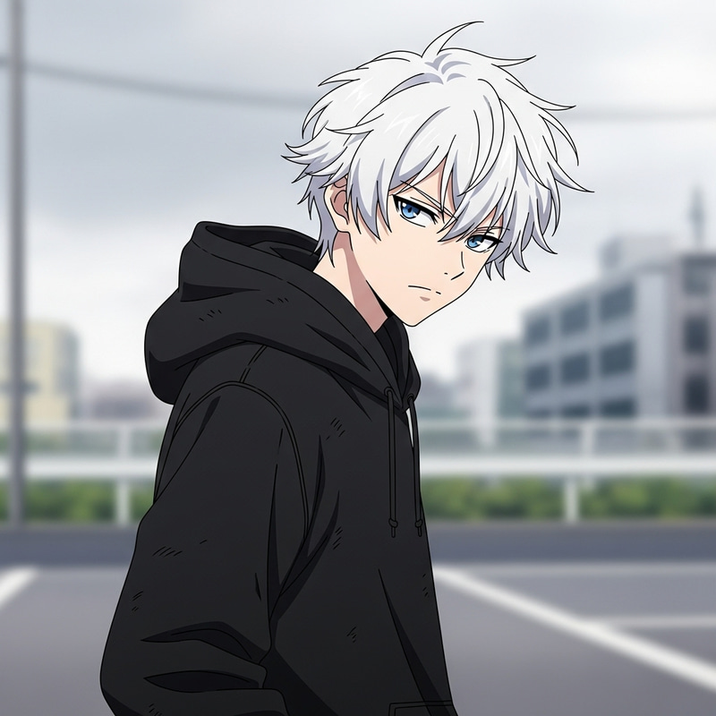 Anime White Hair Boy in Black Hoodie Illustration Anime White Hair Boy in Black Hoodie Illustration