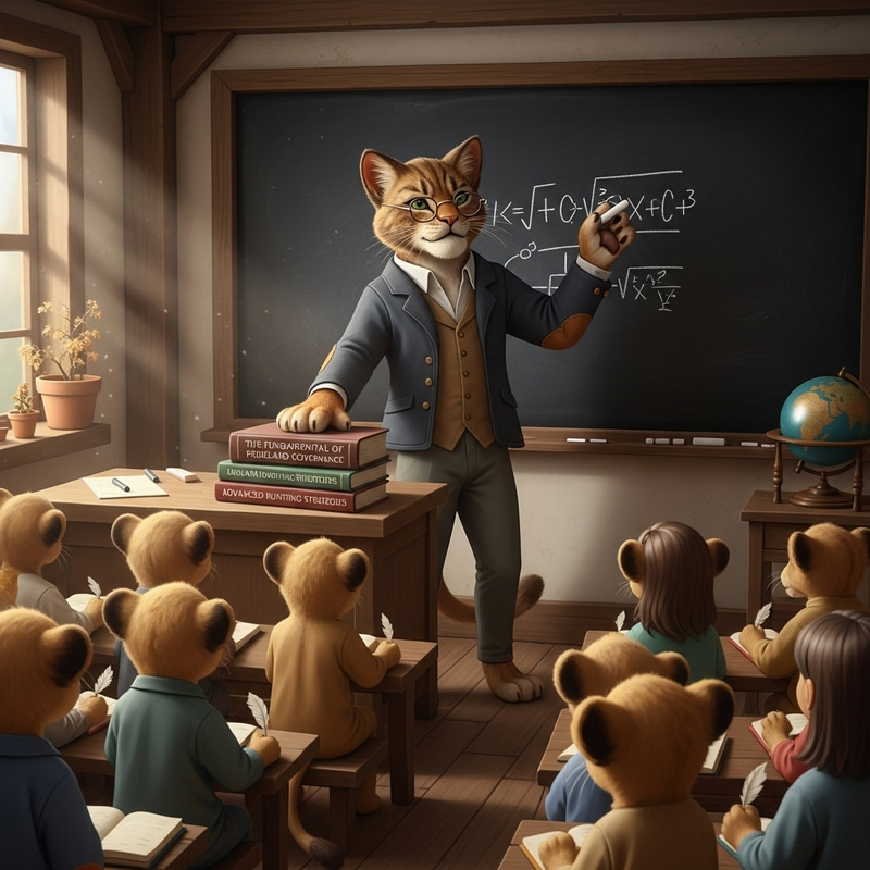 Cat Teaching on Blackboard to Lions Cat Teaching on Blackboard to Lions