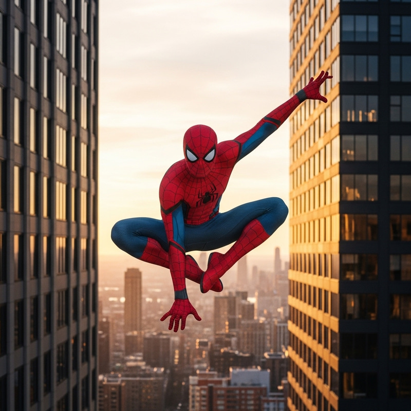 Spider Man Jumping in Urban Setting Spider Man Jumping in Urban Setting