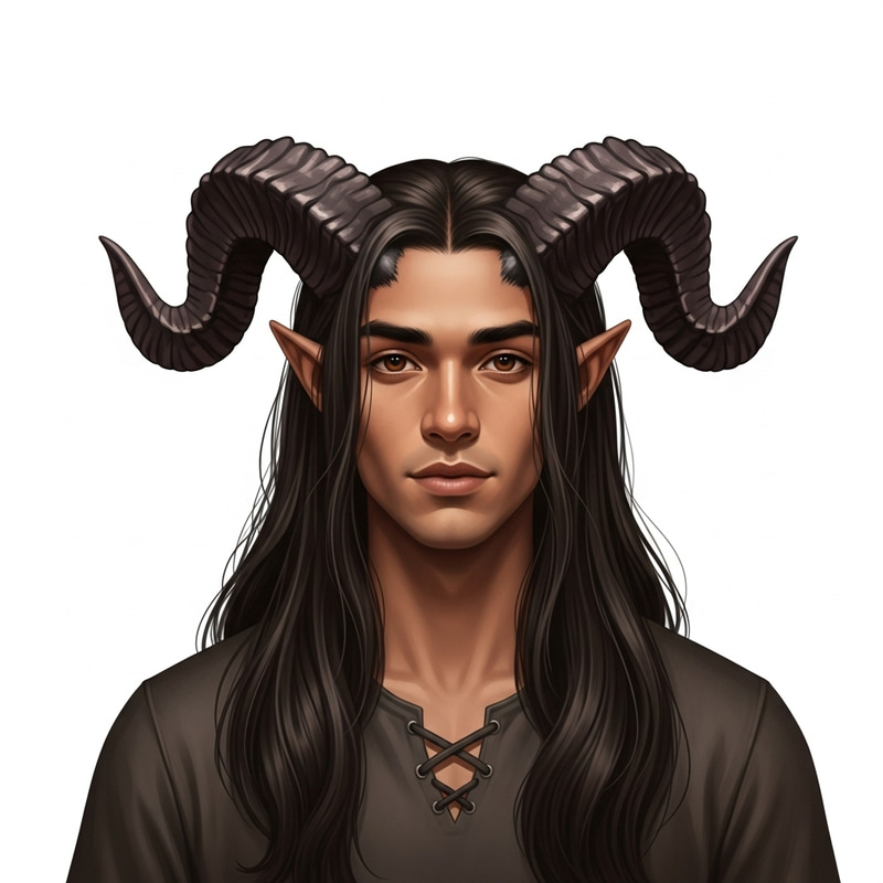 Young Tiefling Man with Medium Horns and Long Hair Young Tiefling Man with Medium Horns and Long Hair