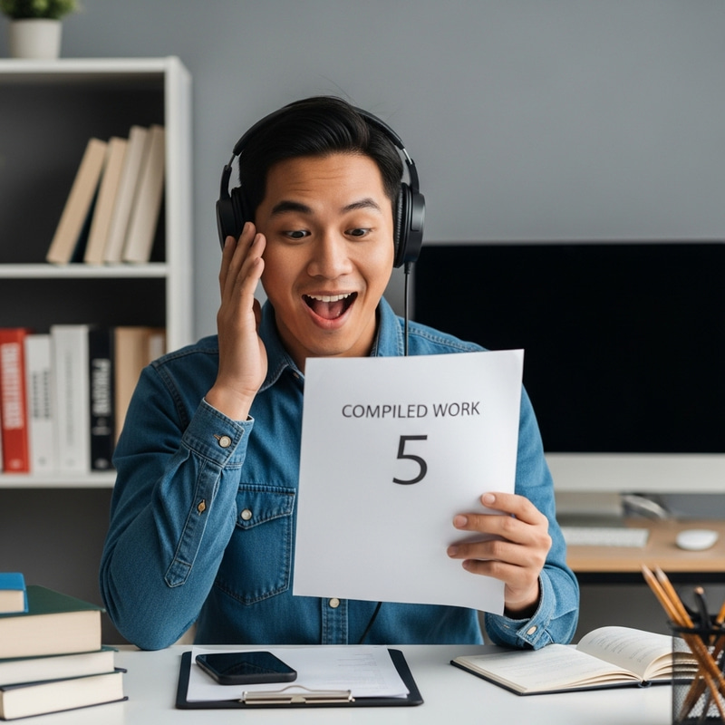 Joyful Reaction: Asian Person's Face on Getting a 5 Grade Joyful Reaction: Asian Person's Face on Getting a 5 Grade