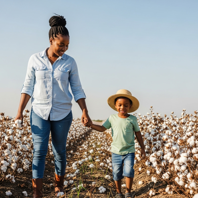 Young Black Mother & Son in Cotton Field | Resilient Love Young Black Mother & Son in Cotton Field | Resilient Love