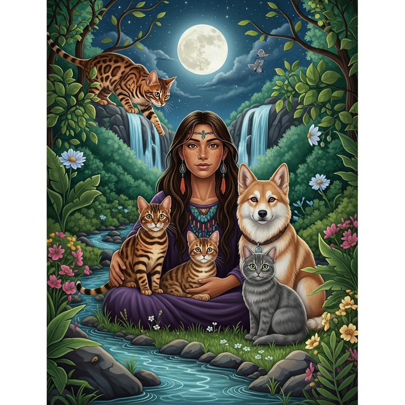 Mystical Bengal Cat, Shamanic Woman, and Nature Enchantment Mystical Bengal Cat, Shamanic Woman, and Nature Enchantment