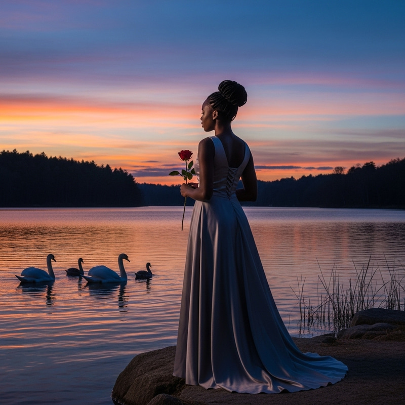 Elegant Woman enjoying Tranquil Dusk by the Lake with Swans Elegant Woman enjoying Tranquil Dusk by the Lake with Swans