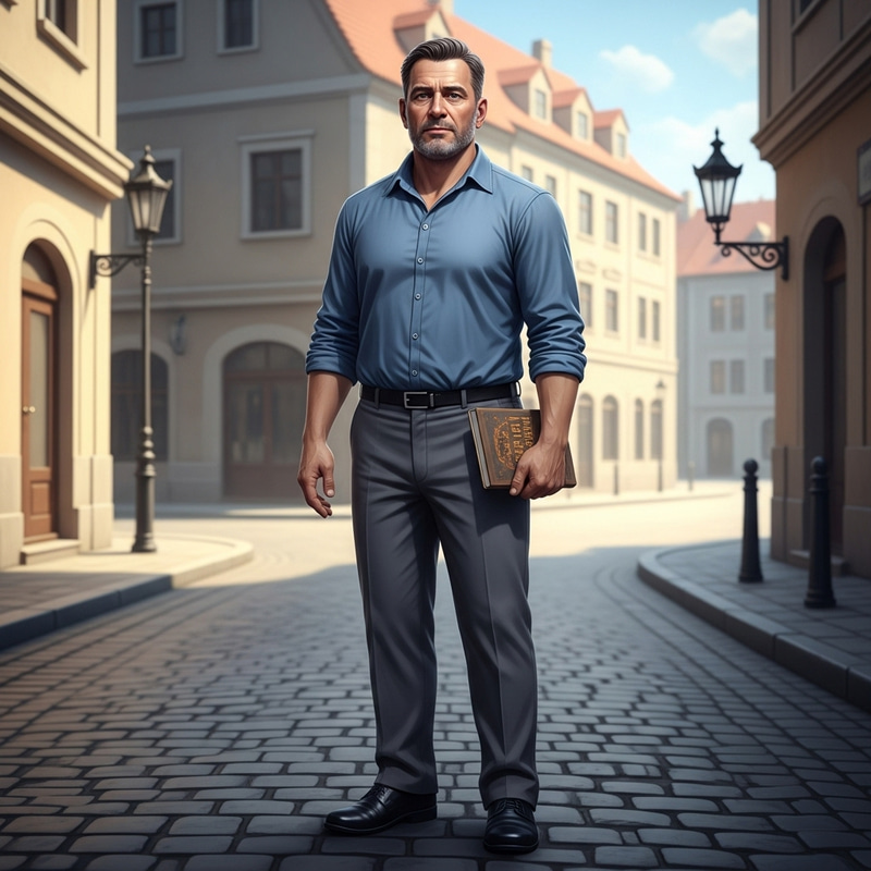 Adult Man in Blue Shirt Standing on Cobblestone Street Adult Man in Blue Shirt Standing on Cobblestone Street