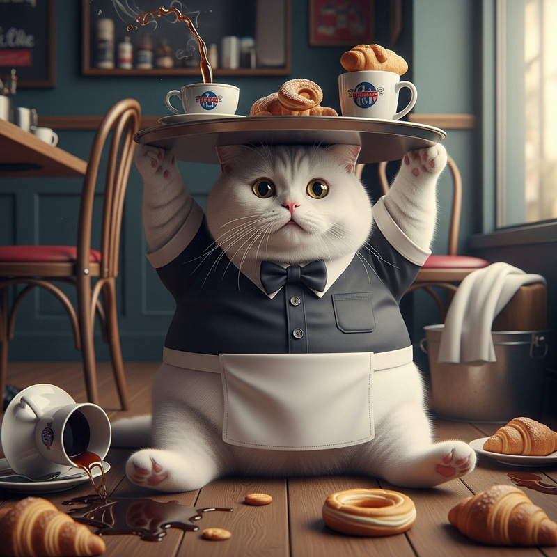 Realistic British Cat Waiter Cafe Mishap Scene