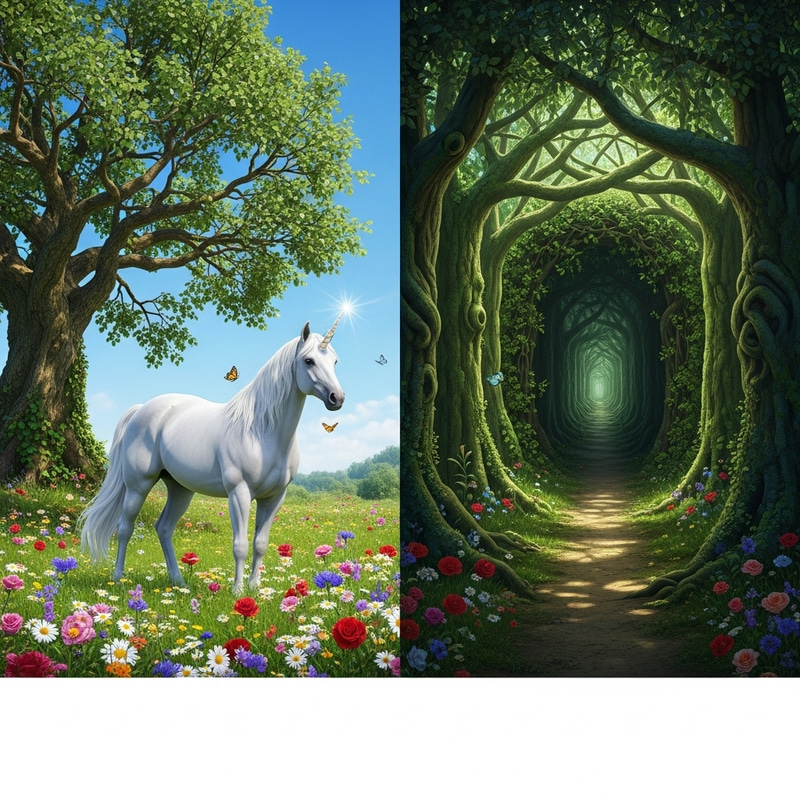 Enchanting Unicorn in Meadow with Forest Maze Enchanting Unicorn in Meadow with Forest Maze