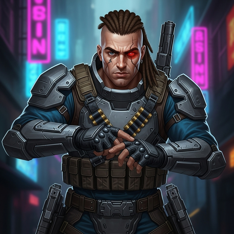Muscular Man with Dreadlocks, Blue and Red Eyes, Wearing Gun Armor