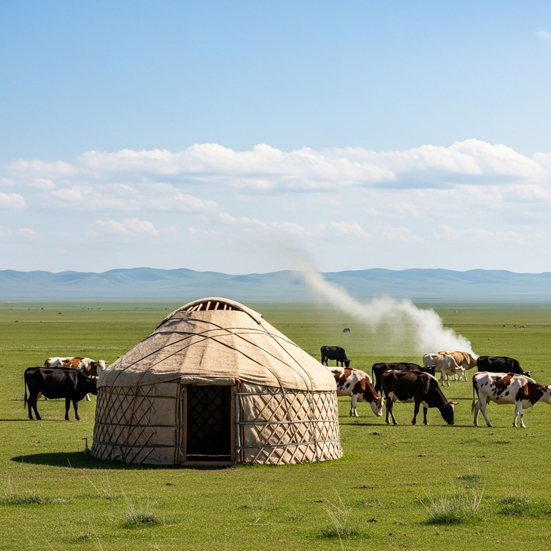 Kazakh Yurt and Cows in the Steppe Landscape