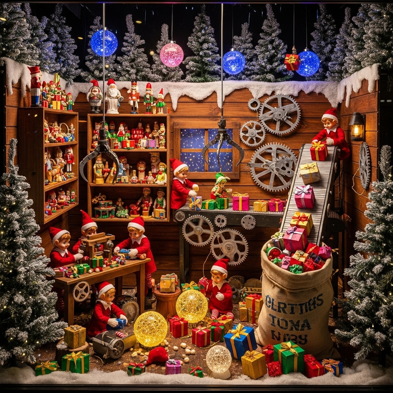 Enchanting Christmas Toy Factory Window Display in Elf's Workshop