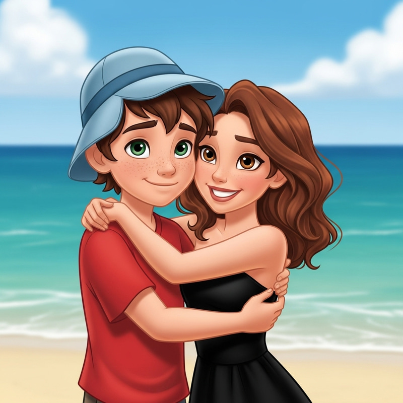 Disney-Style Siblings Hugging on Beach | Brother in Red Shirt, Blue Hat, Sister Smiling in Black Dress