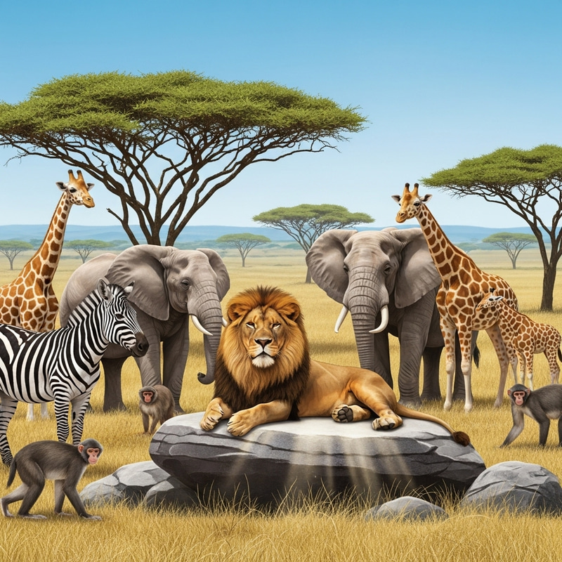 Lion with All Animals in the African Savannah Lion with All Animals in the African Savannah