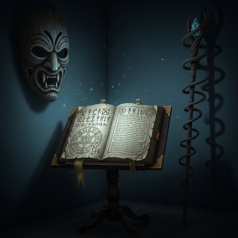 Dark Magic: Ancient Tome, Wooden Mask, Crooked Staff Dark Magic: Ancient Tome, Wooden Mask, Crooked Staff