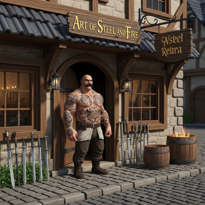 Muscular Tattooed Man at Art of Steel and Fire Shop | Intriguing Medieval Style Muscular Tattooed Man at Art of Steel and Fire Shop | Intriguing Medieval Style