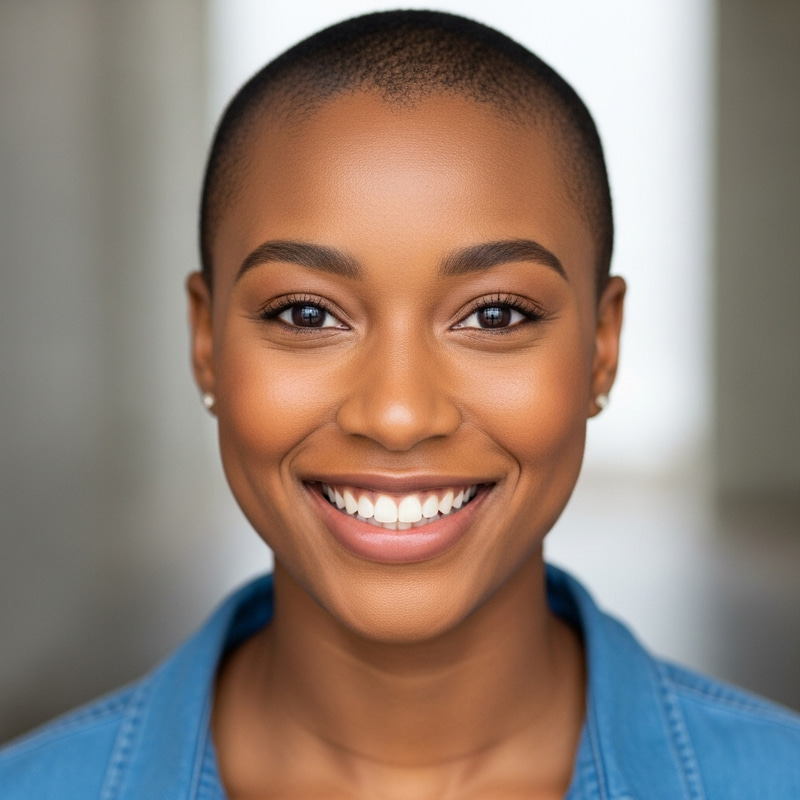 Radiant Black Woman with Shaved Head | Beauty, Joy & Almond Eyes Radiant Black Woman with Shaved Head | Beauty, Joy & Almond Eyes