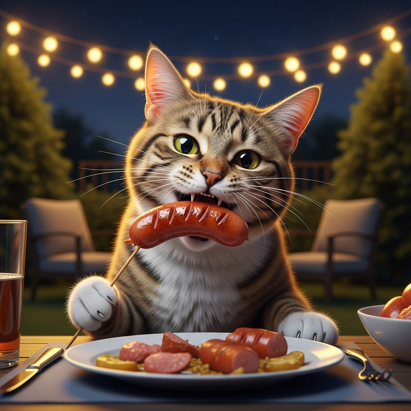 Ravenous Cat Indulging in Grilled Sausage | Cozy Backyard Setting Ravenous Cat Indulging in Grilled Sausage | Cozy Backyard Setting