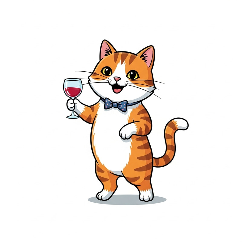Playful Cartoon Cat Enjoying a Glass of Wine