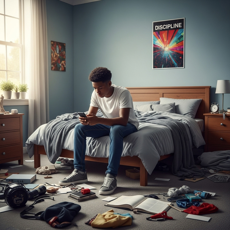 Discipline Poster in Chaos: 15-Year-Old African American Boy in Room Discipline Poster in Chaos: 15-Year-Old African American Boy in Room