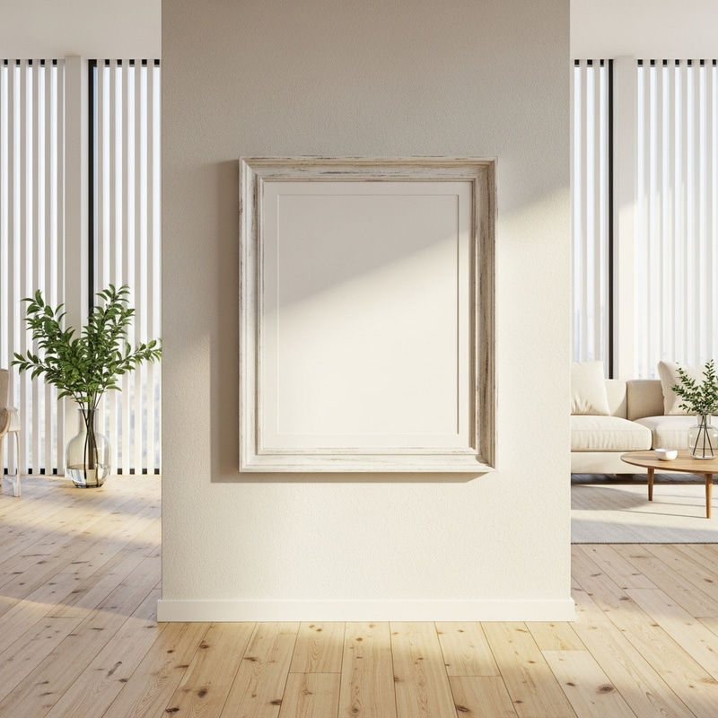 Empty White Frame in Minimalist Living Room Interior Empty White Frame in Minimalist Living Room Interior