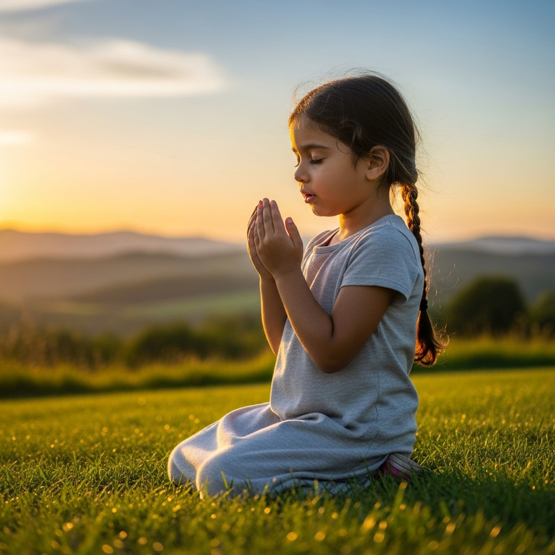 Child Praying Outdoors at Sunset for Peace