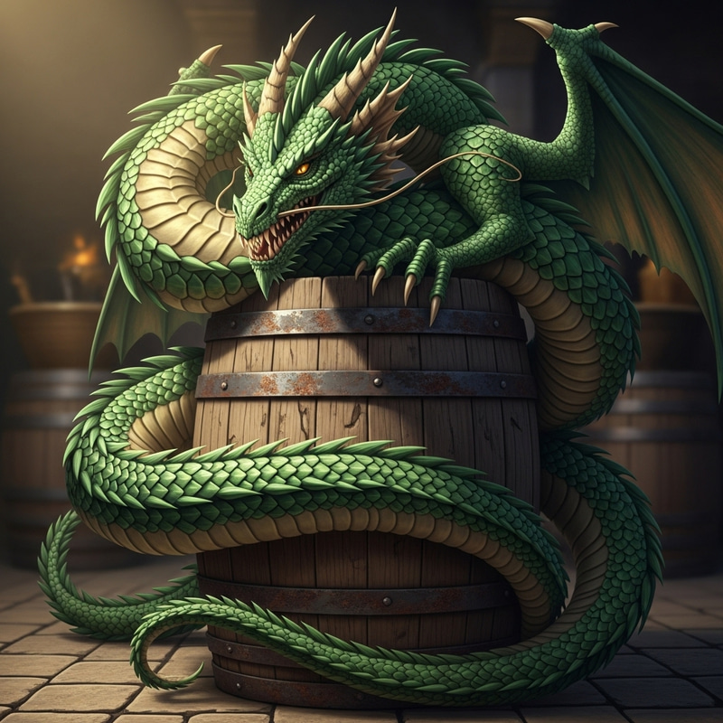 Intricately Illustrated Dragon Coiled Around Wooden Wine Barrel Intricately Illustrated Dragon Coiled Around Wooden Wine Barrel