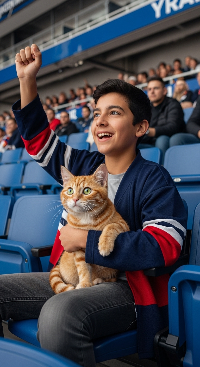 14-Year-Old Boy Watching Hockey Match with Tabby Cat 14-Year-Old Boy Watching Hockey Match with Tabby Cat