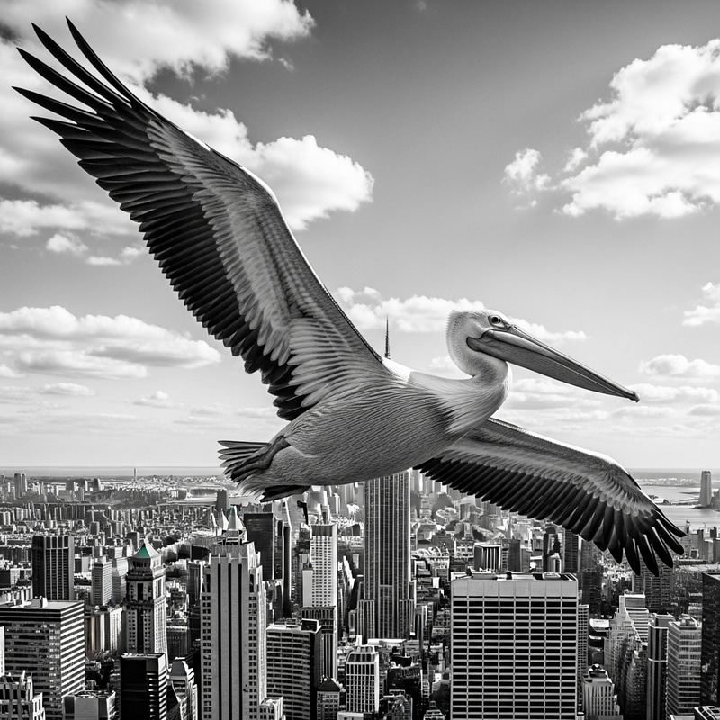 Black and White Pelican Over New York City Black and White Pelican Over New York City