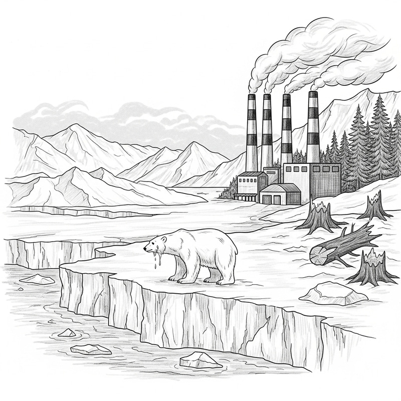 Sketch of Climate Change: Melting Glacier & Industrial Impact