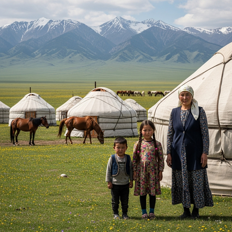 Harmony of Kazakh Steppe: Mountains, Horses, Yurts, and Family Bond Harmony of Kazakh Steppe: Mountains, Horses, Yurts, and Family Bond
