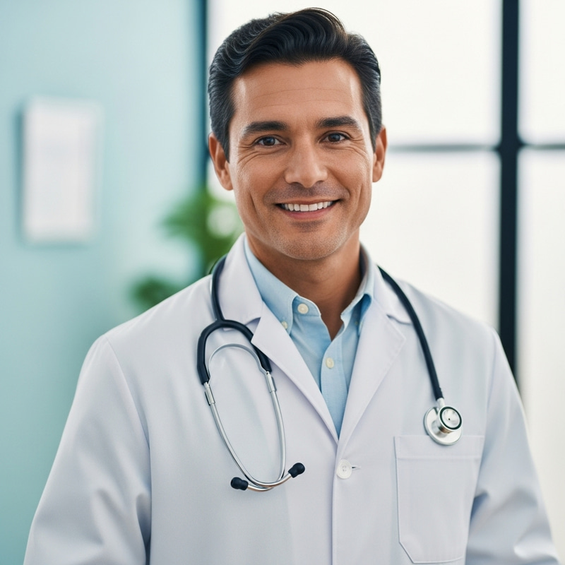 Hispanic Doctor with Stethoscope in Serene Clinic