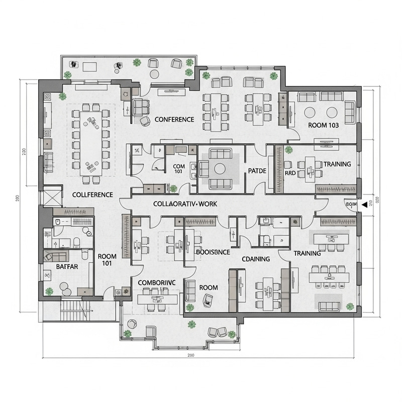 Detailed Office Floor Plan with Conference & Collaboration