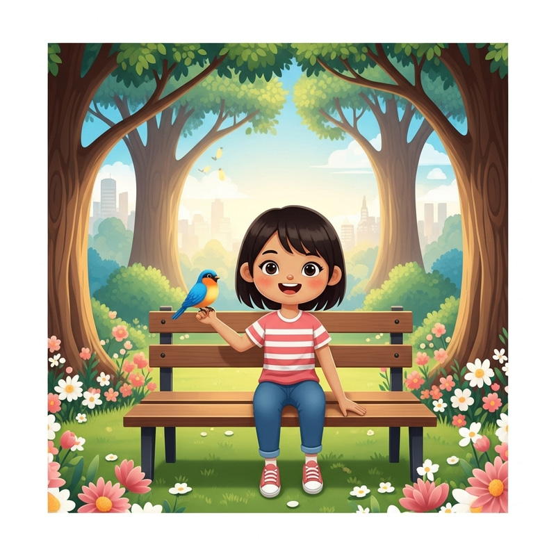 Happy Girl in Park with Friendly Bird