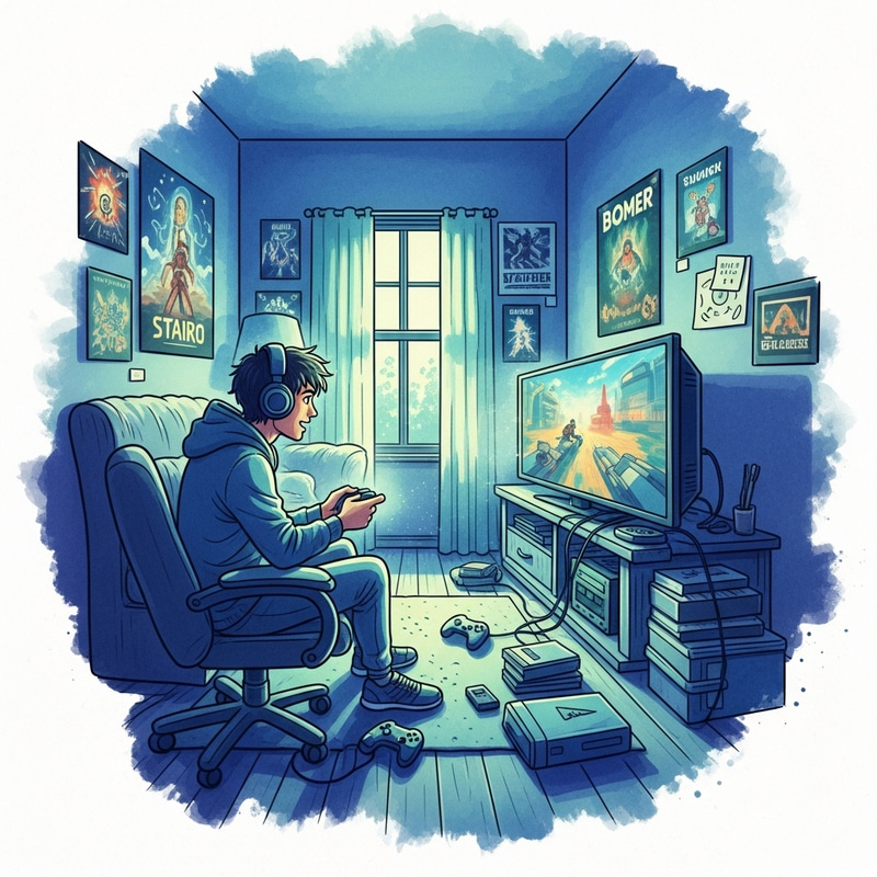 Vibrant Gamer's Retreat: Watercolor Bedroom Illustration Vibrant Gamer's Retreat: Watercolor Bedroom Illustration