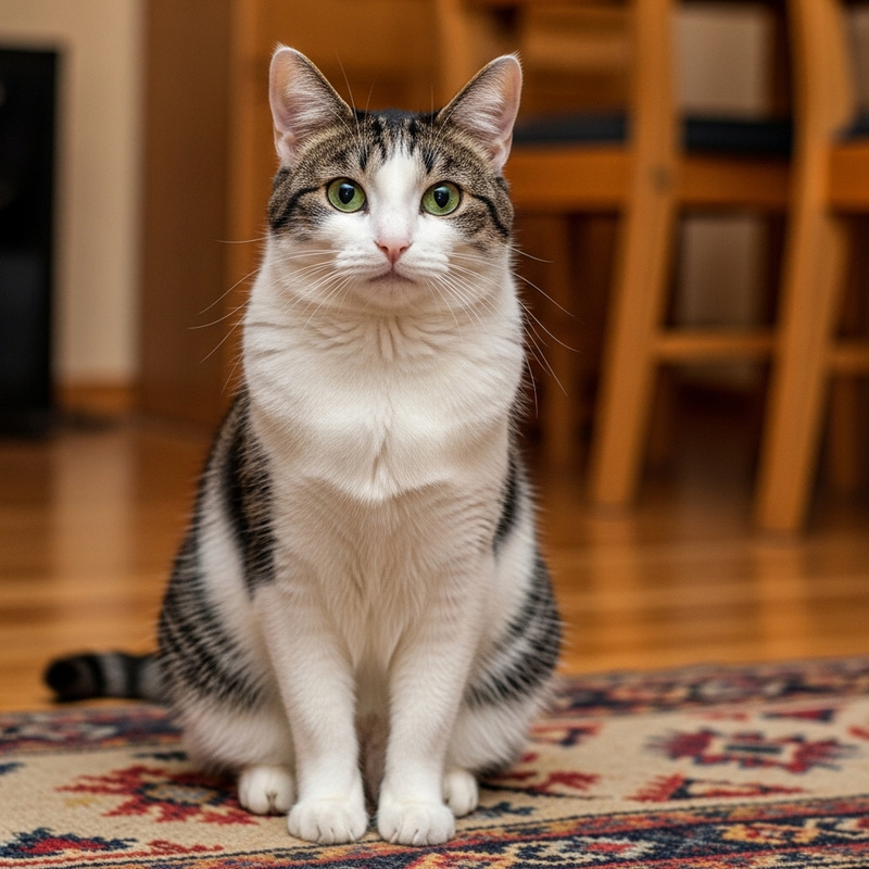 Beautiful Black and White Cat Resting on Vibrant Rug