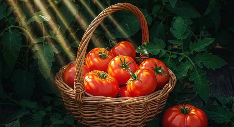 Rustic Still Life of Wicker Basket filled with Plump Tomatoes Rustic Still Life of Wicker Basket filled with Plump Tomatoes