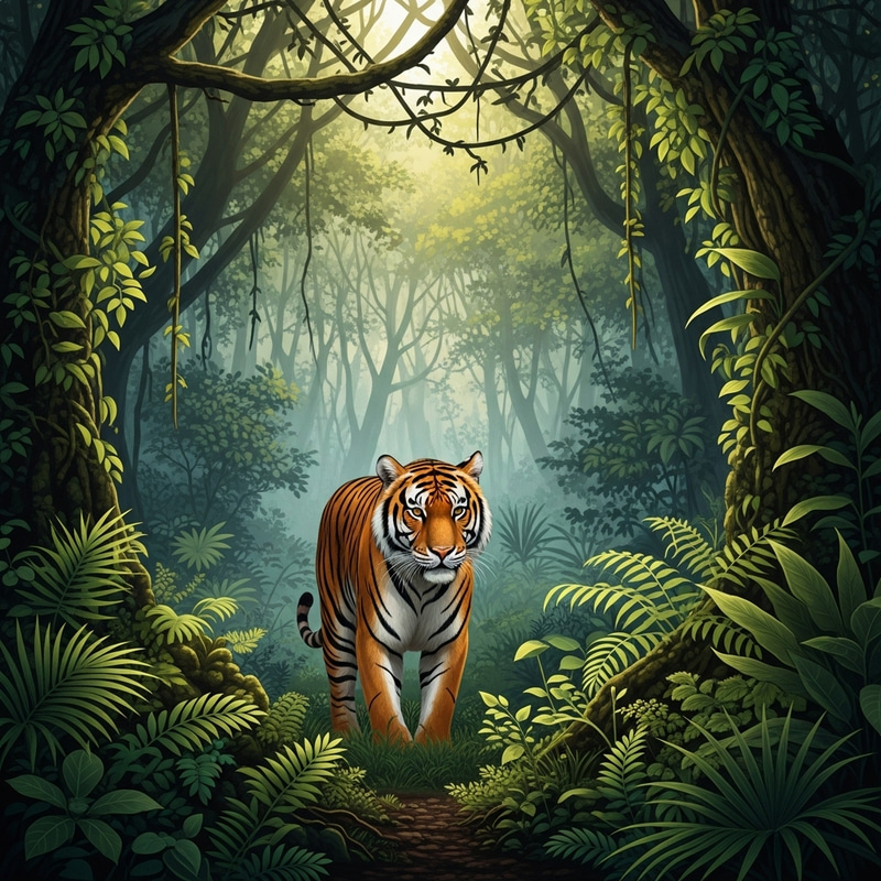 Majestic Tiger Roaming in Vibrant Jungle - Capturing the Wild Essence Majestic Tiger Roaming in Vibrant Jungle - Capturing the Wild Essence