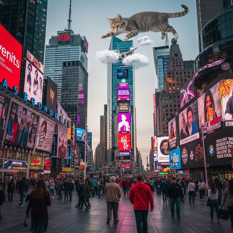 Vibrant Times Square Scene with Majestic Cat Creating Clouds