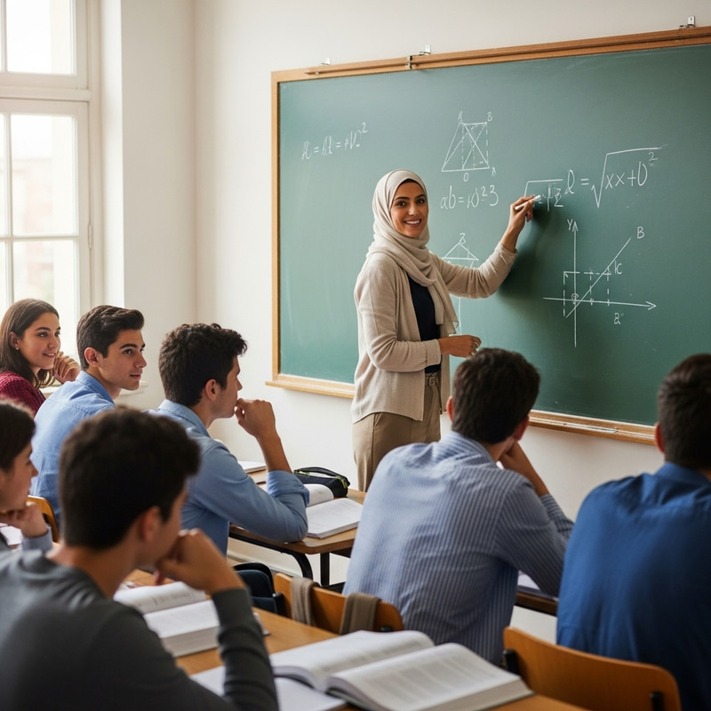 Math Teacher in Hijab Inspiring Students with Equations Math Teacher in Hijab Inspiring Students with Equations
