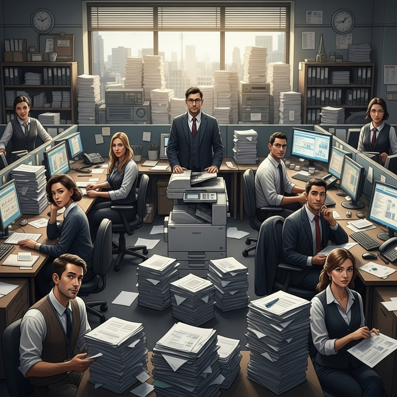 Chaotic Accounting Office Layout with Unengaged Staff and Inefficient Management