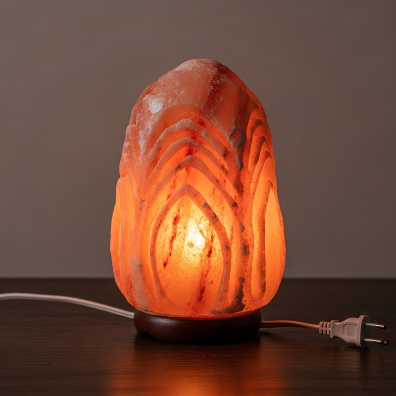 Glowing Salt Lamp on Wooden Table - Natural Himalayan Beauty Glowing Salt Lamp on Wooden Table - Natural Himalayan Beauty