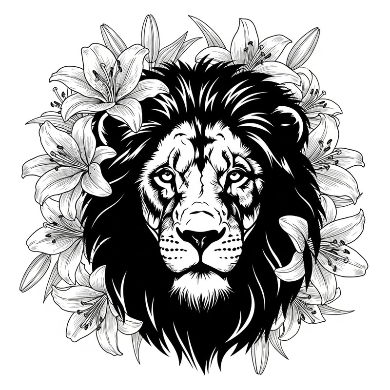 Lion Silhouette on White with Lily Flowers Lion Silhouette on White with Lily Flowers