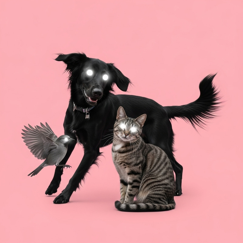 Surreal Black Dog, Cat, Bird with White Eyes on Pink Background Surreal Black Dog, Cat, Bird with White Eyes on Pink Background
