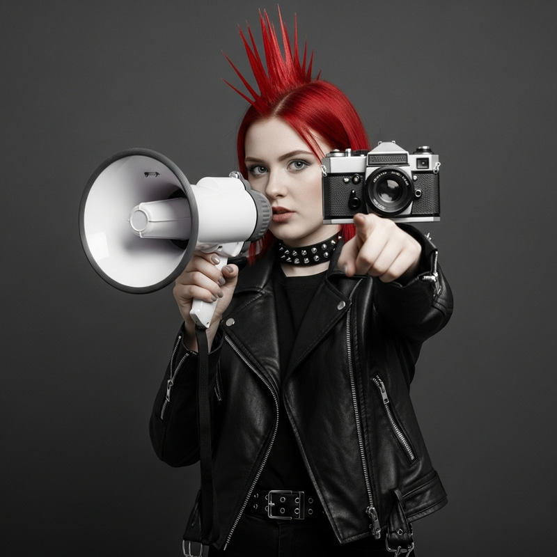 Confident Fiery Red-Haired Girl with Megaphone | Punk Rock Style Confident Fiery Red-Haired Girl with Megaphone | Punk Rock Style